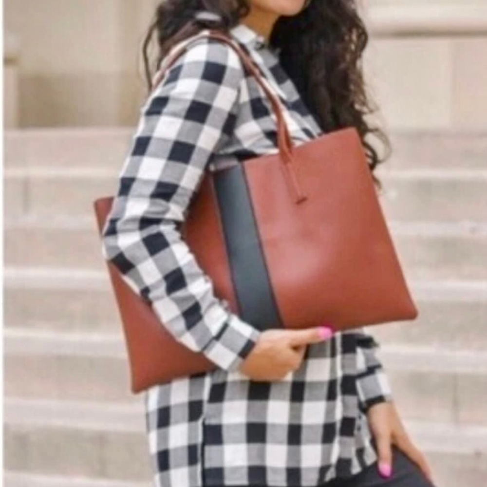 VINCE CAMUTO Tumbled Faux Leather Tote,Rich Chestnut Brown,Black Stripe.NWOT NEW - Picture 14 of 16